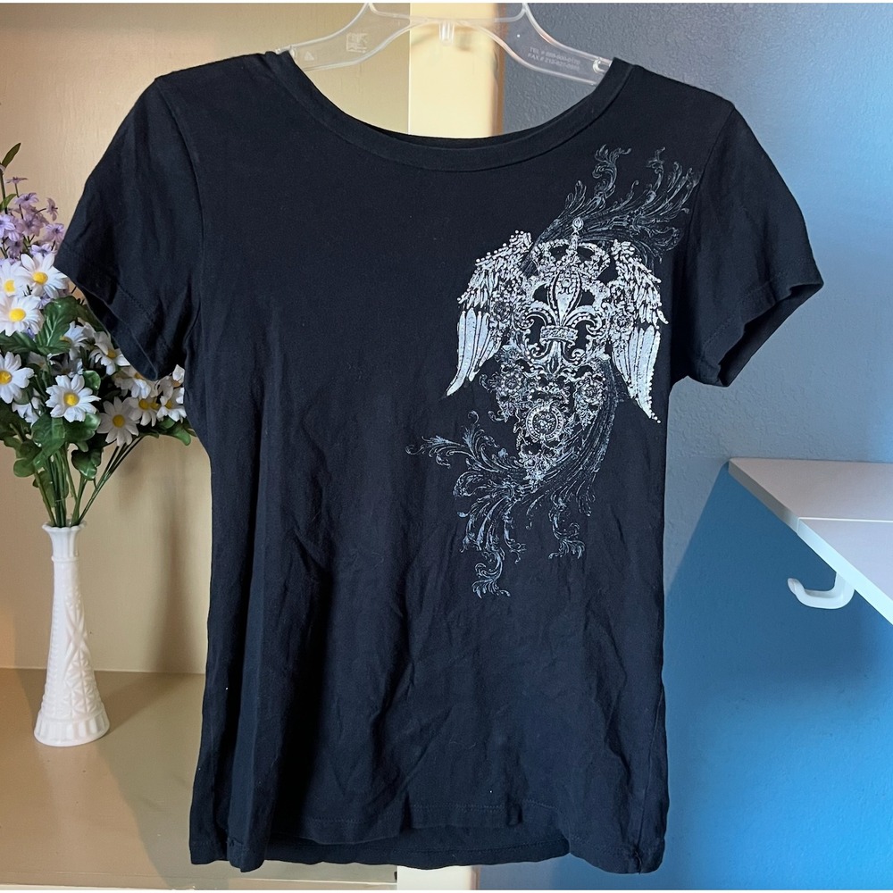 Vtg Womens Y2k Grunge Top M Rhinestone Flor De Lis Affliction Style Biker Baddie
